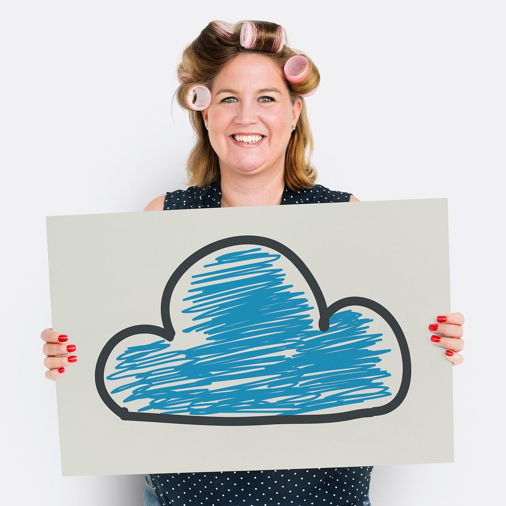 Woman holding placard with cloud computing icon