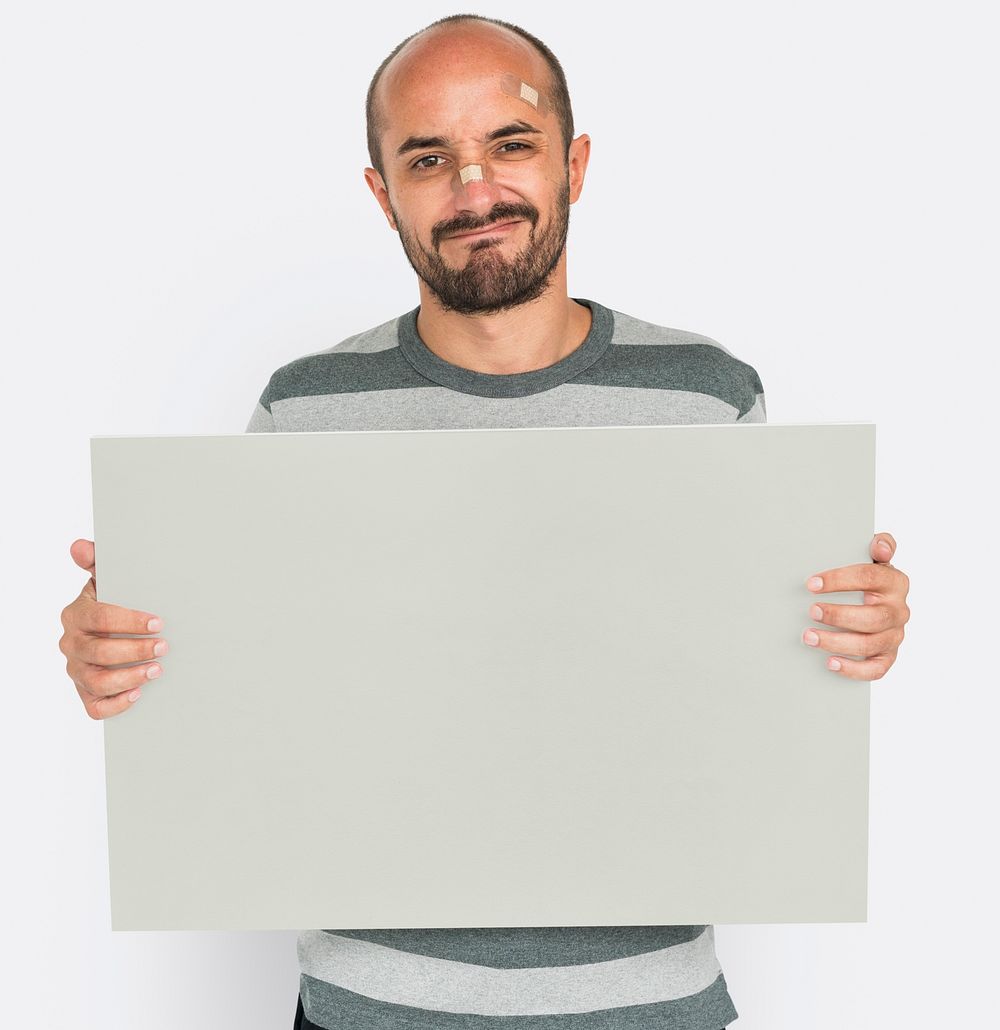 Man Painful Wound Injured Holding Banner Copy Space