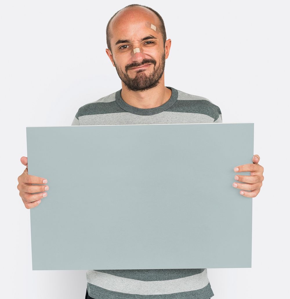 Man Painful Wound Injured Holding Banner Copy Space