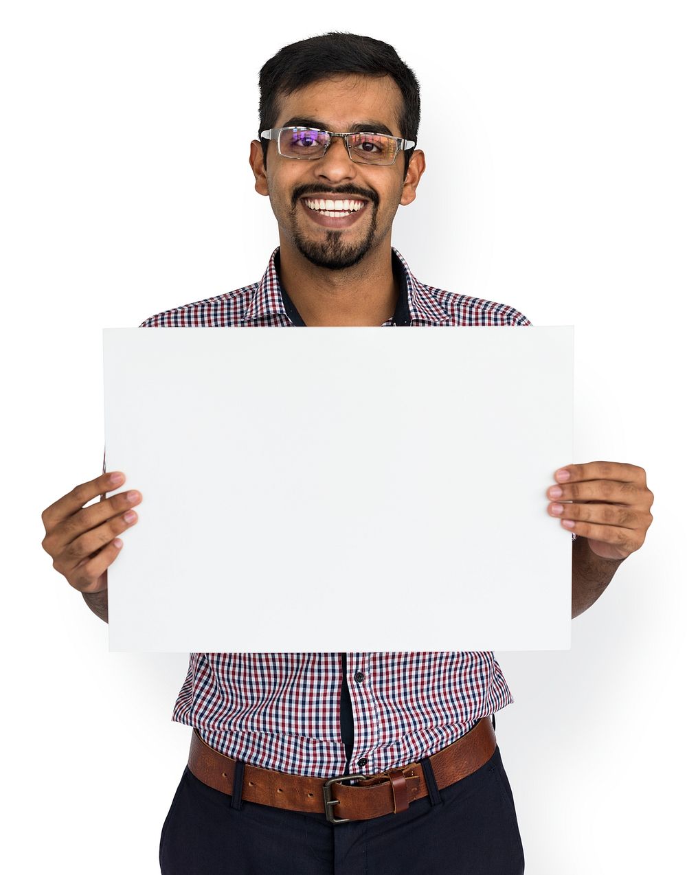 Guy with facial hair holding a blank placard
