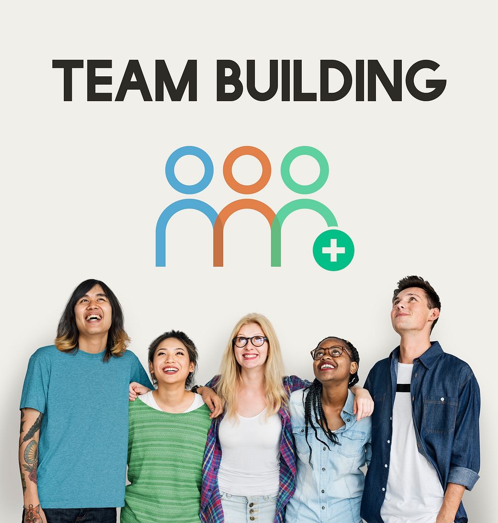 Group of diverse friends with team building graphic