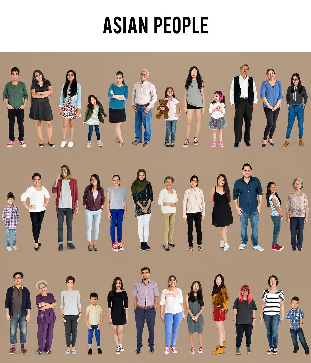 Asian people full body set standing with smiling on background
