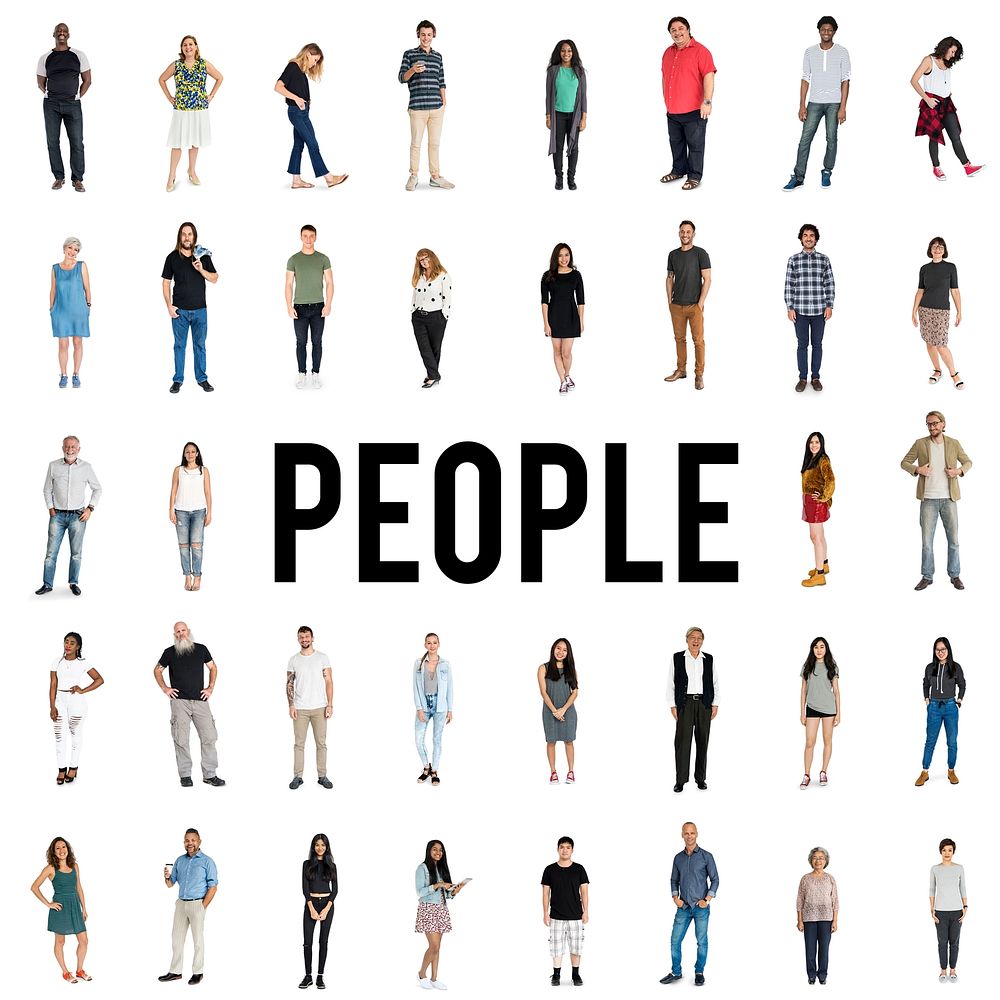 Collage of full-length diverse people and a text 'People' in the middle