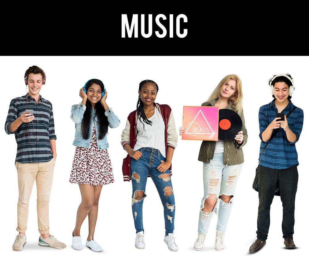 Group of Diverse Young Adult PeopleEnjoy Music Set Studio Isolated