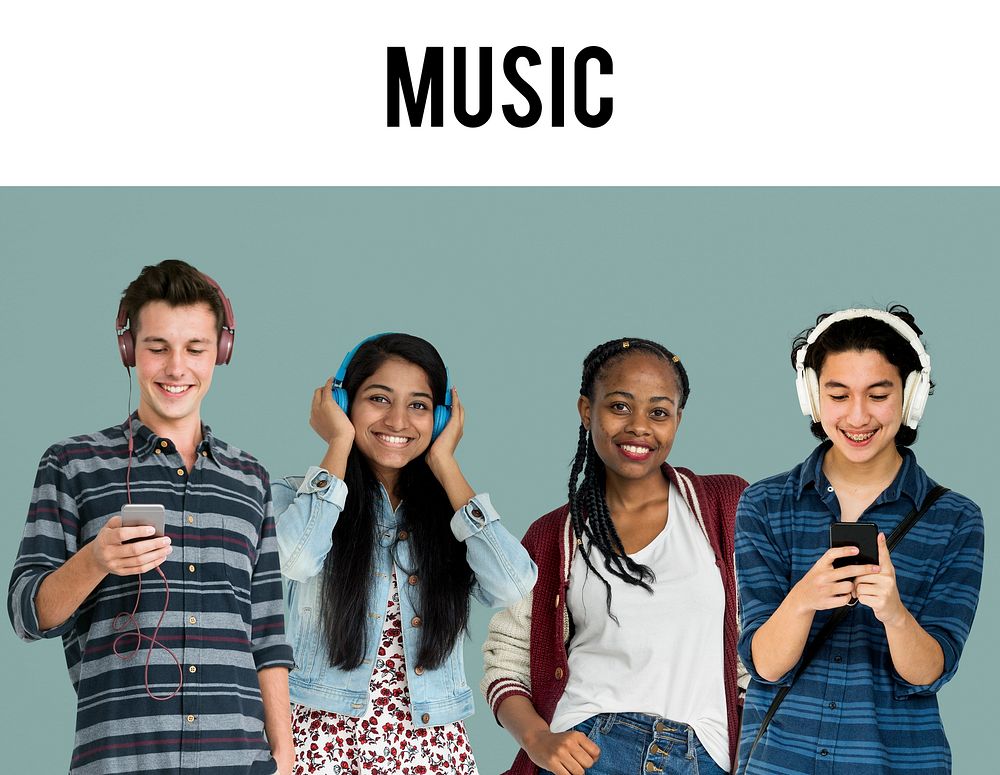 Group of Diverse Young Adult PeopleEnjoy Music Set Studio Isolated