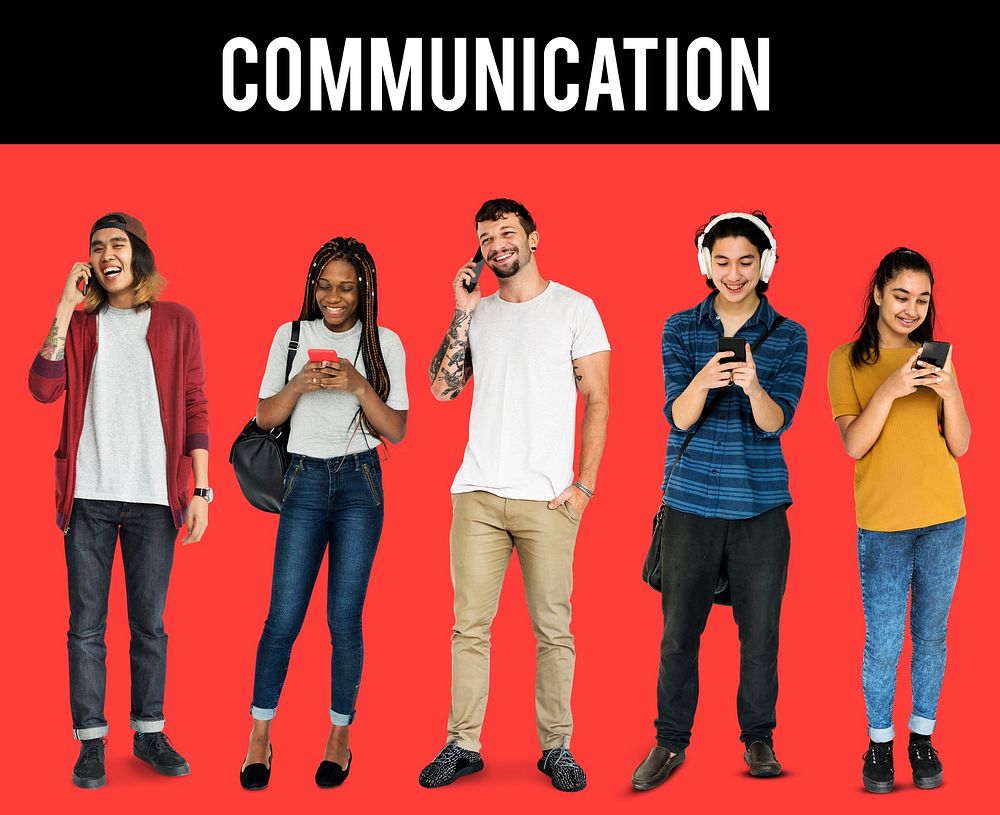 Various of diversity people standing using mobile phone on background