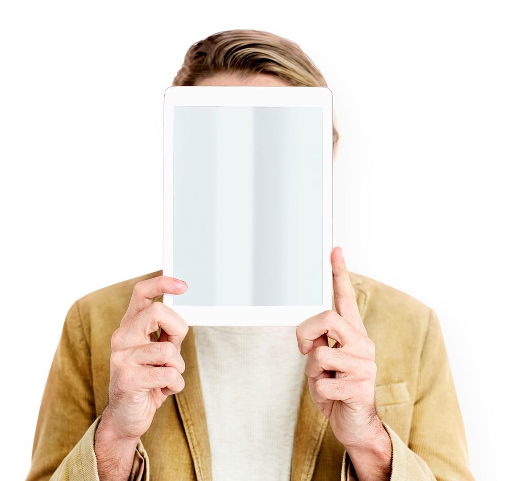 Man Digital Tablet Face Covered Copy Space Technology Concept