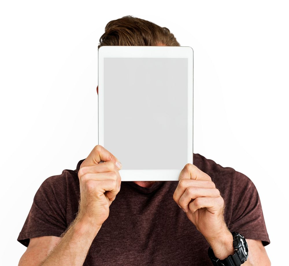 Man Digital Tablet Face Covered Copy Space Technology Concept