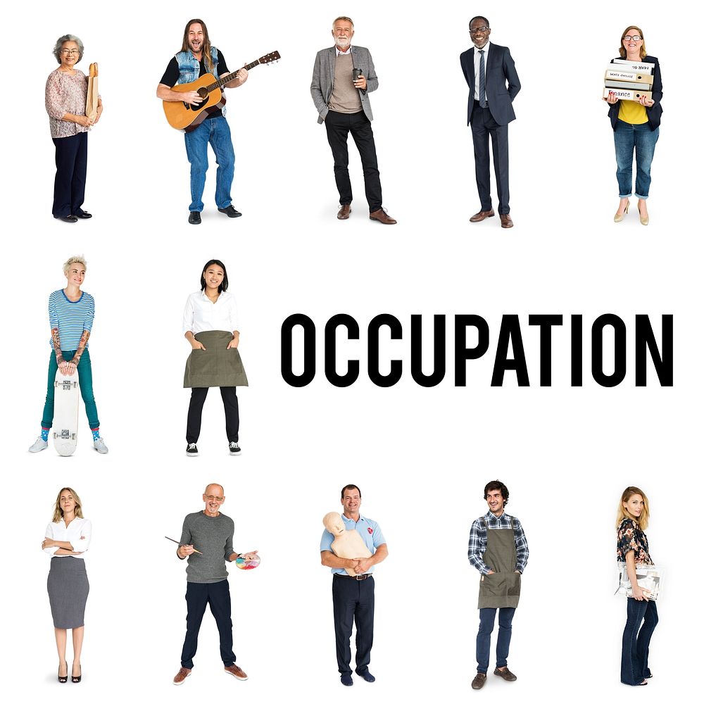 Various of occupation job people full body set standing with smiling on background