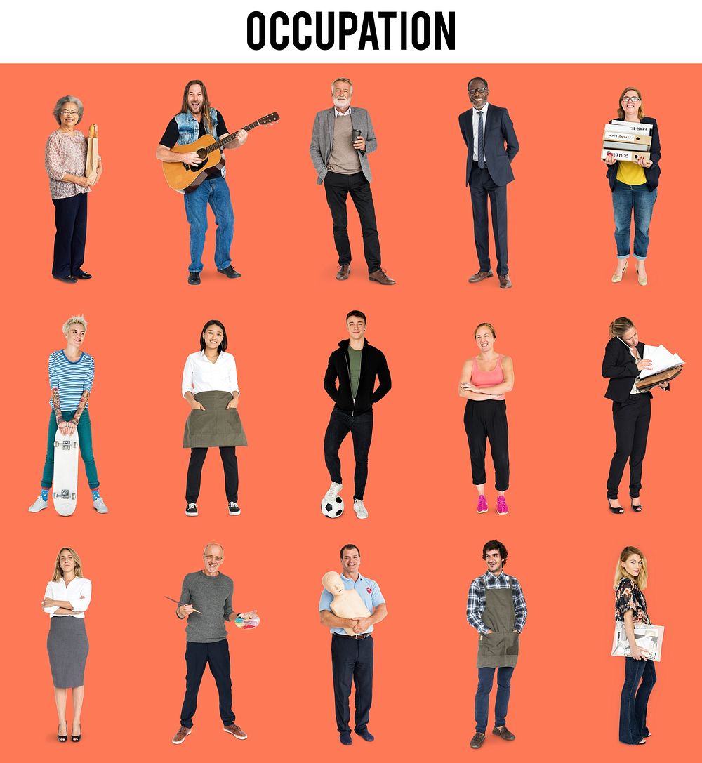 Various of occupation job people full body set standing with smiling on background