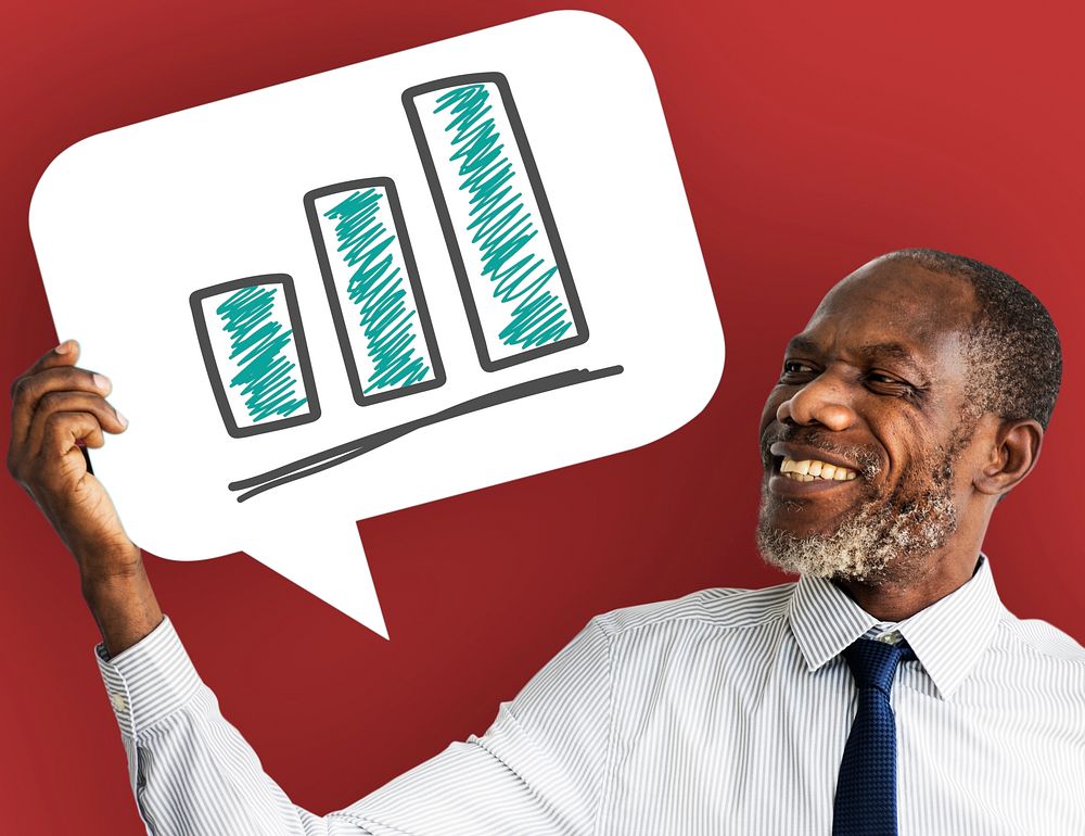Businessman holding speech bubble with bar chart icon