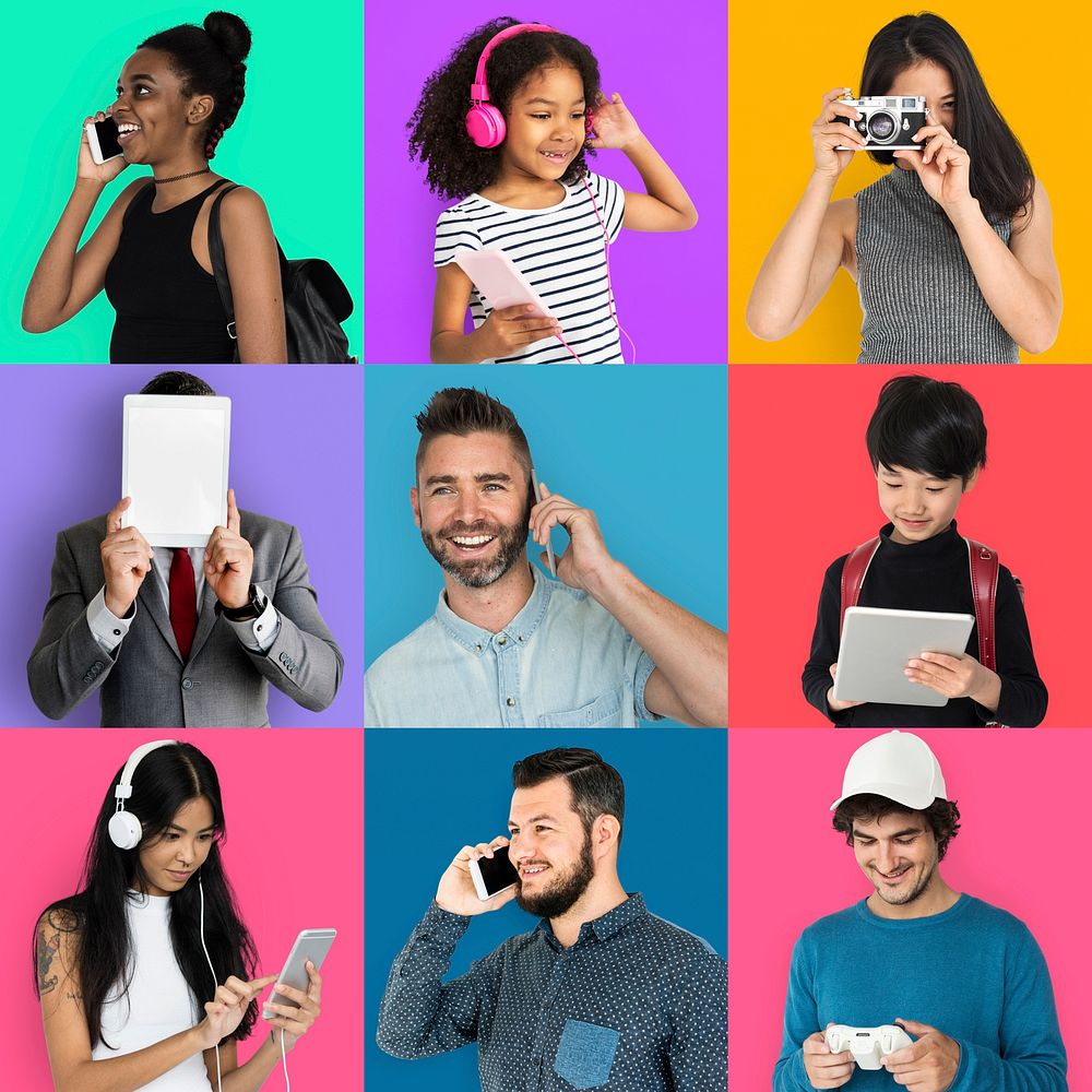 Collection of people using digital device collage colorful
