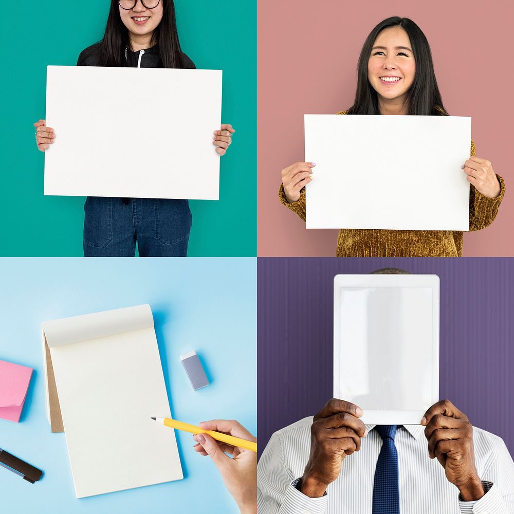 Diverse People Hold Blank Paper Board Copy Space Collage