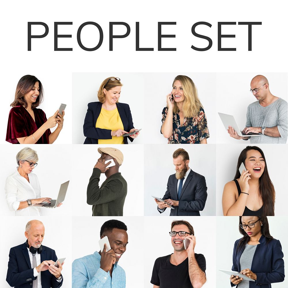 People collection collage using digital devices techie mobility