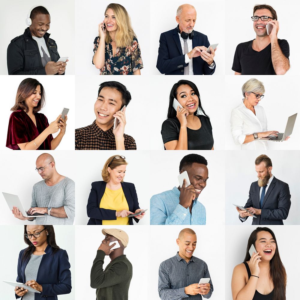 Collection of diverse people using digital devices