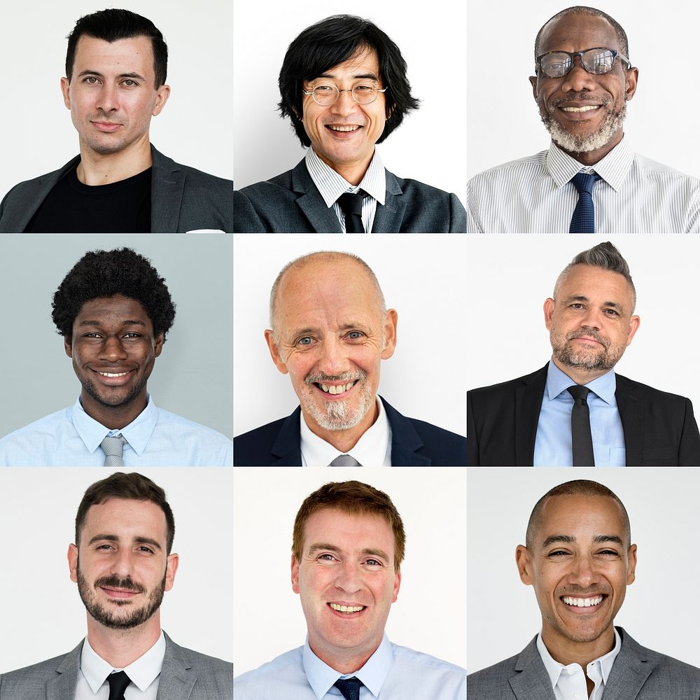 Collection of businessmen smiling in head shot