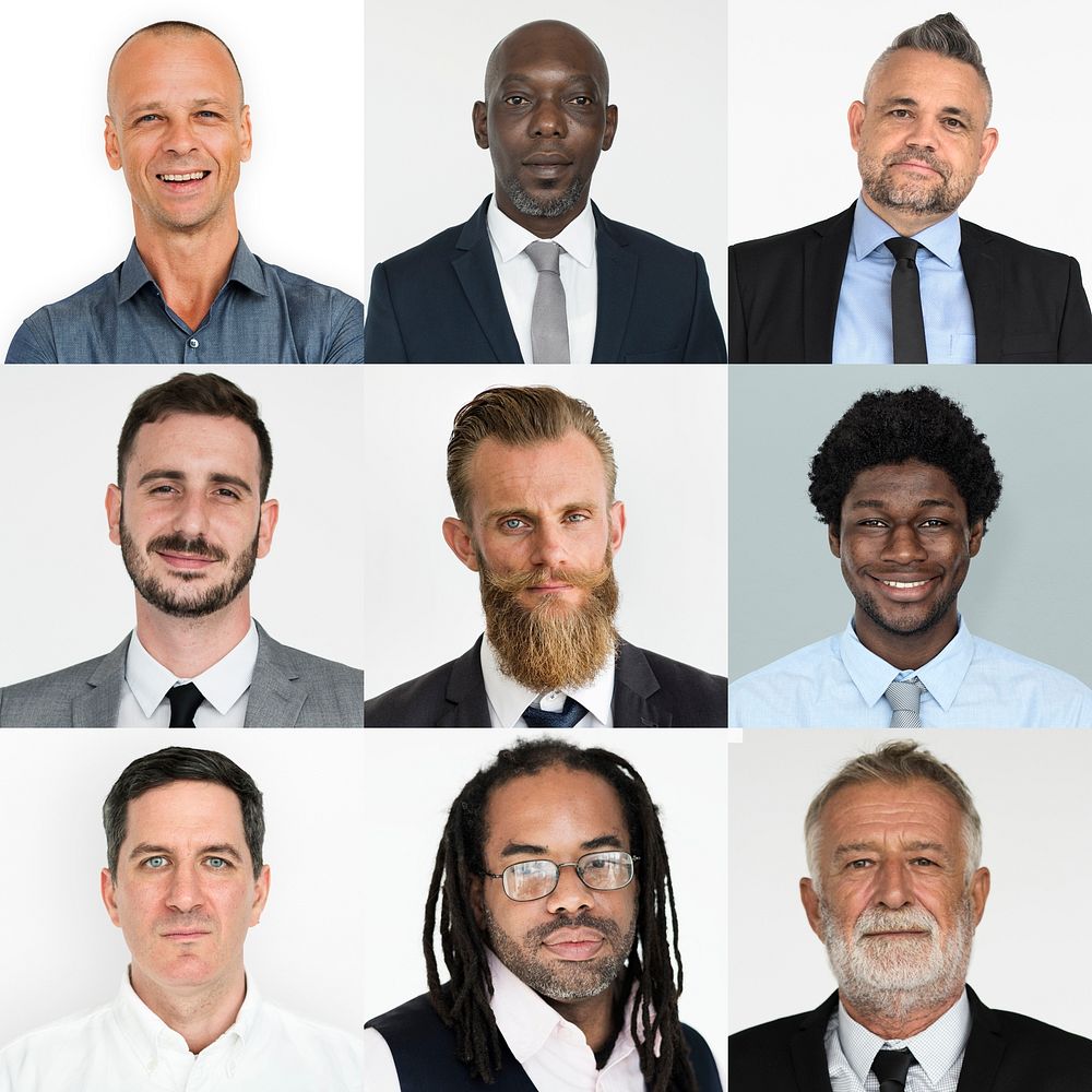 Collection of businessmen smiling in head shot