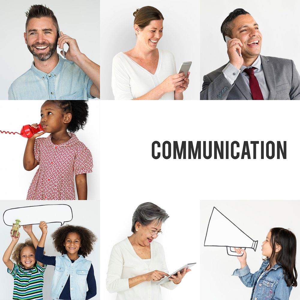 Set of Diverse People With Telephone Communication Studio Collage