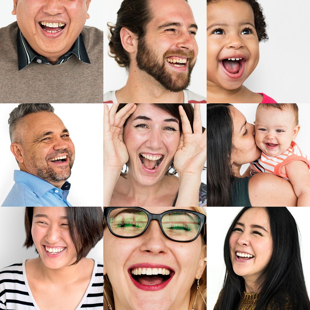 Set of Diversity People Laughing Face Expression Studio Collage