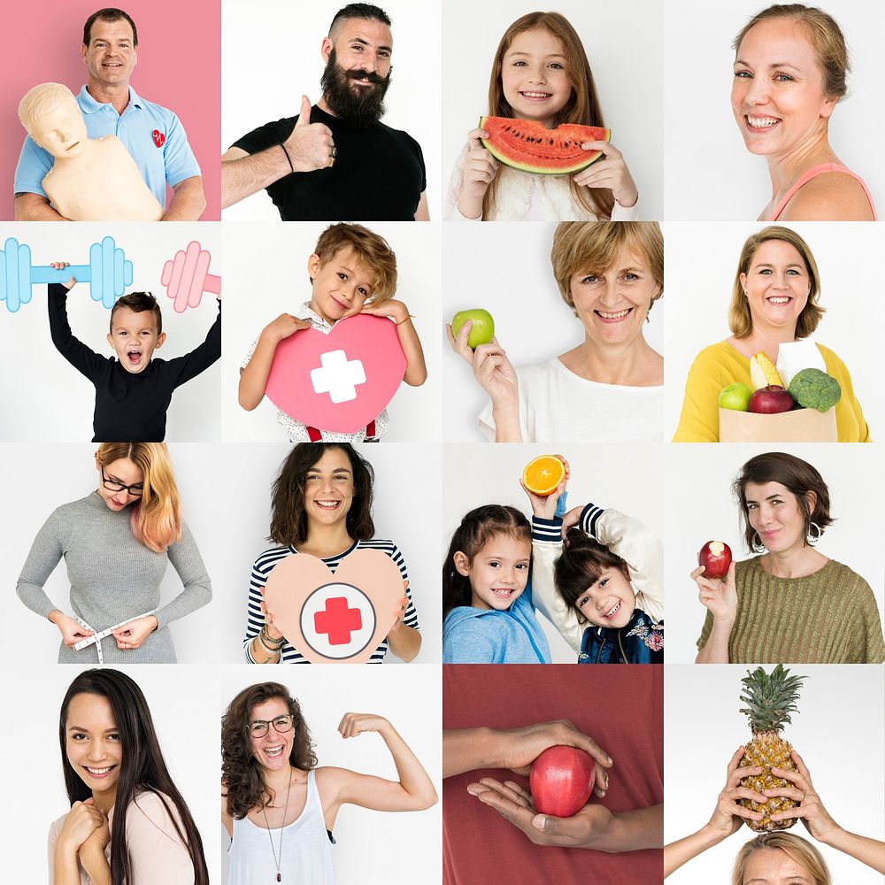 Collection of people with healthy living and eating