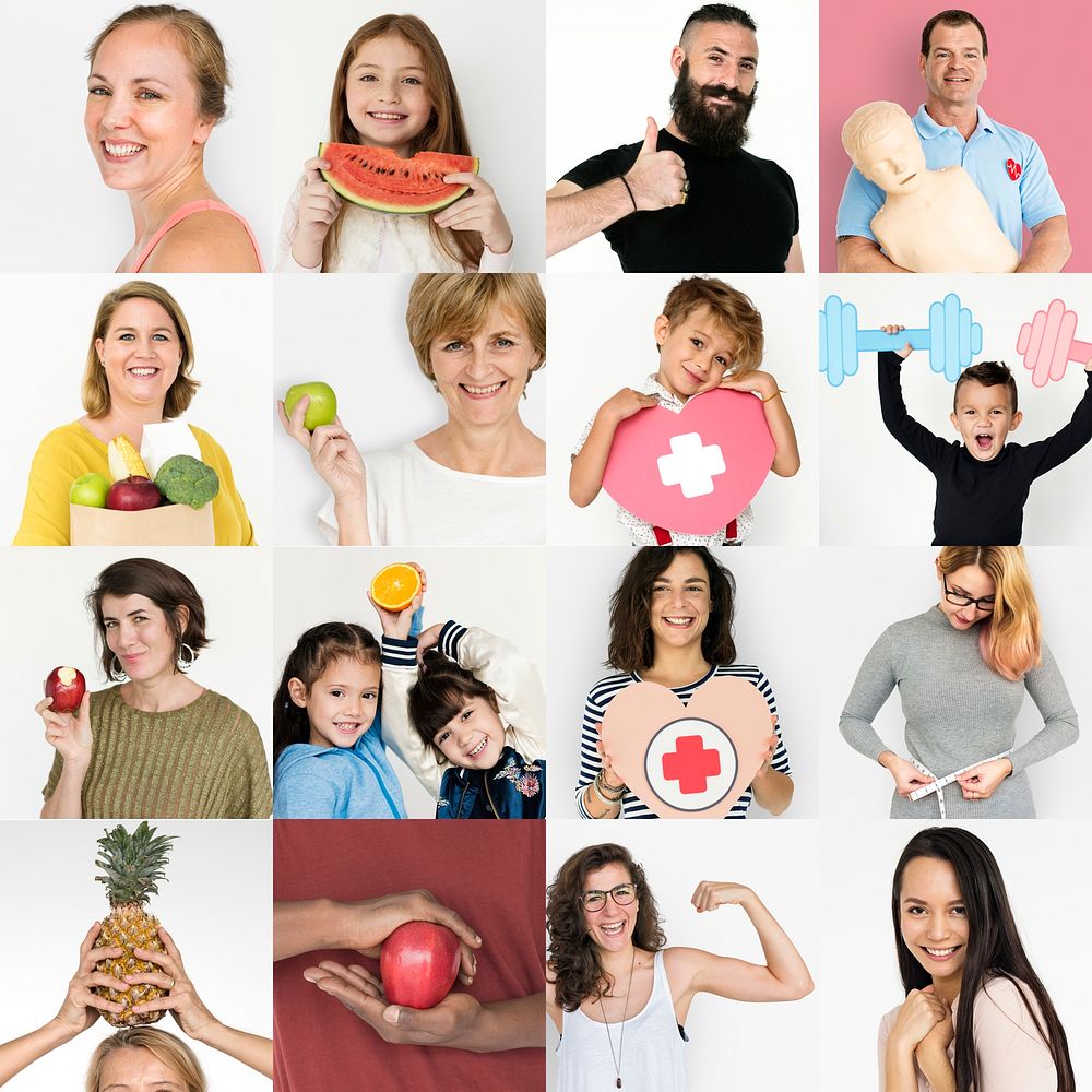 Set of portraits with health and diet concepts