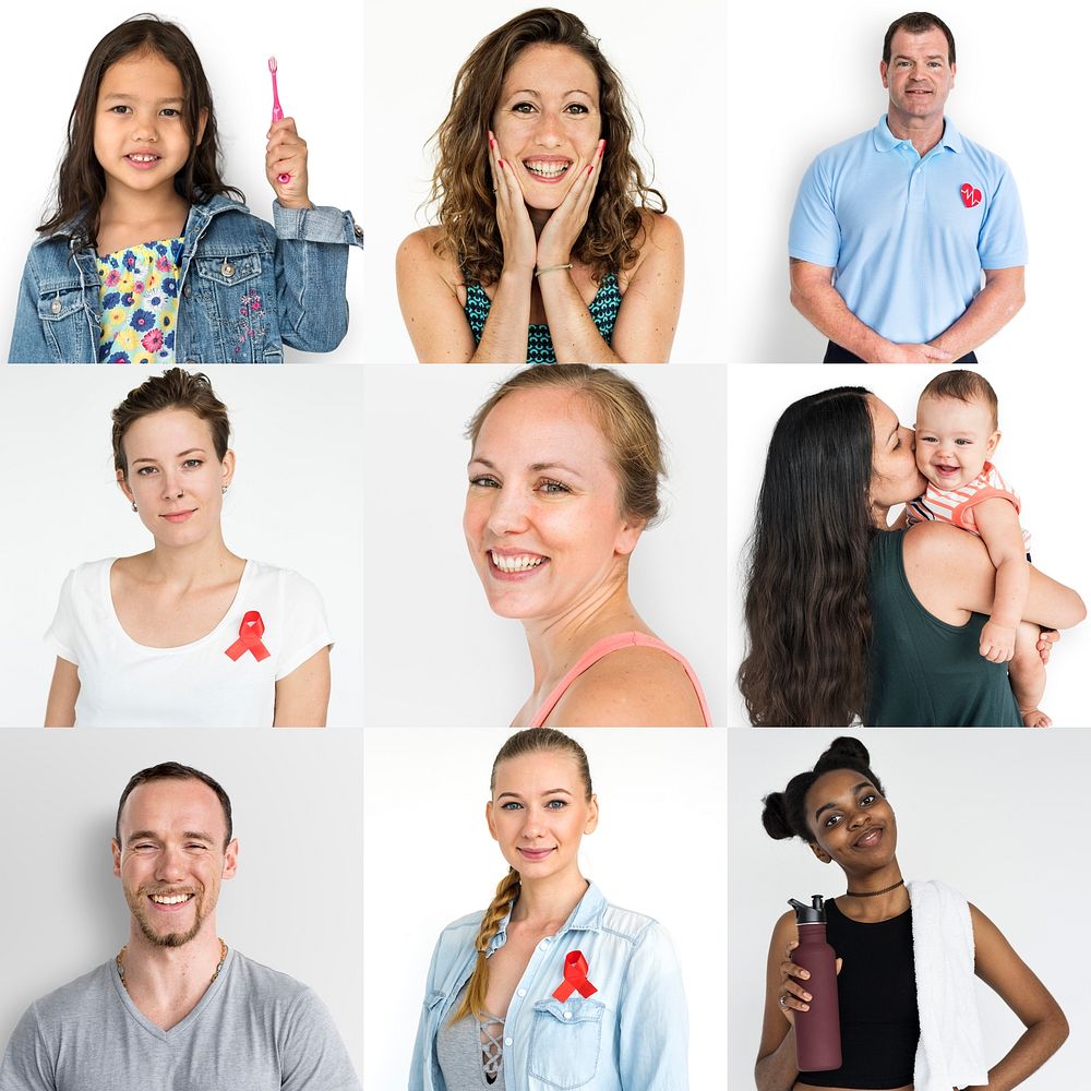 Collection of people with red ribbon for HIV/AIDS awareness