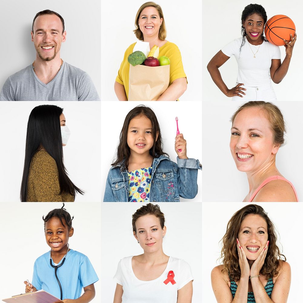 Set of portraits with health and diet concepts