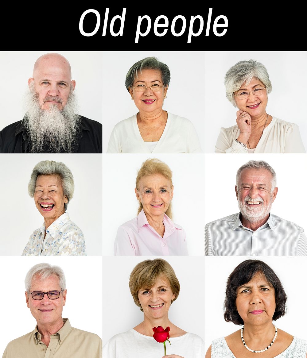 Set of Diversity Senior Adult People Face Expression Studio Collage