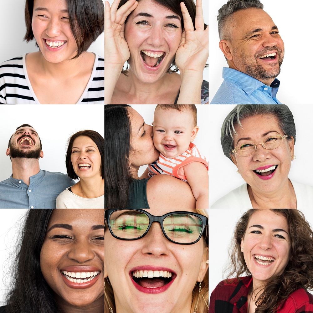 Set of Diversity People Laughing Face Expression Studio Collage