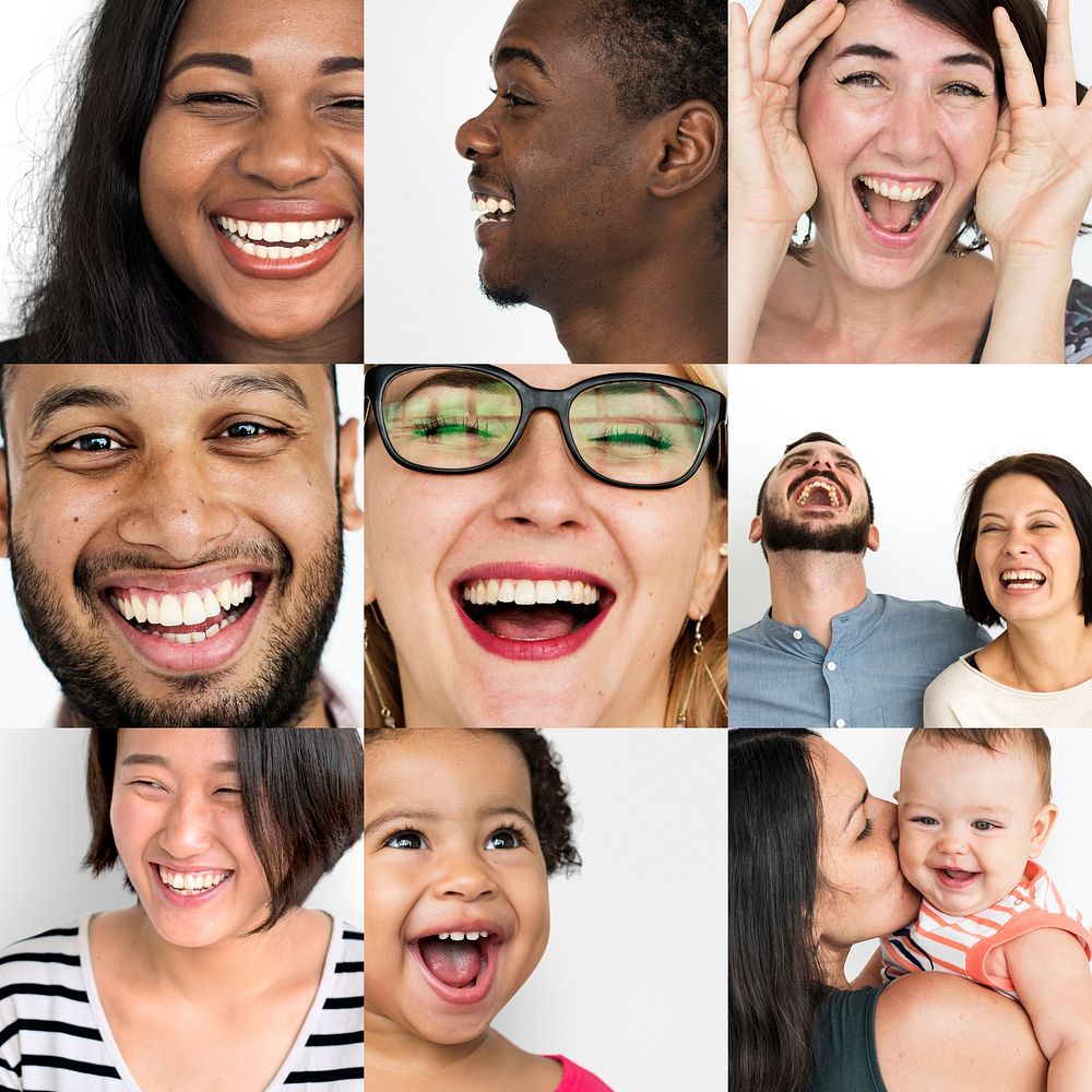 Set of Diversity People Laughing Face Expression Studio Collage