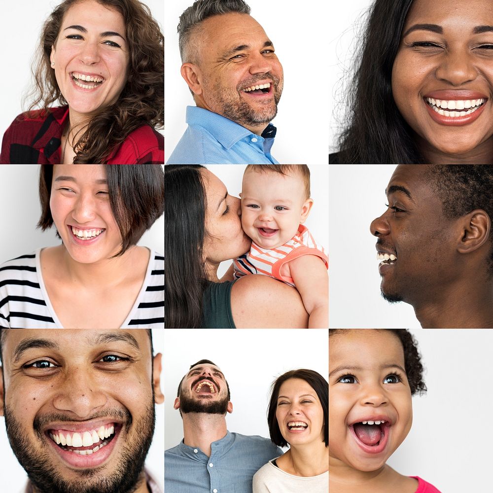 Set of Diversity People Laughing Face Expression Studio Collage