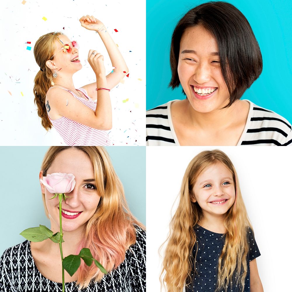 Set of Diversity Women Face Expression Lifestyle Studio Collage