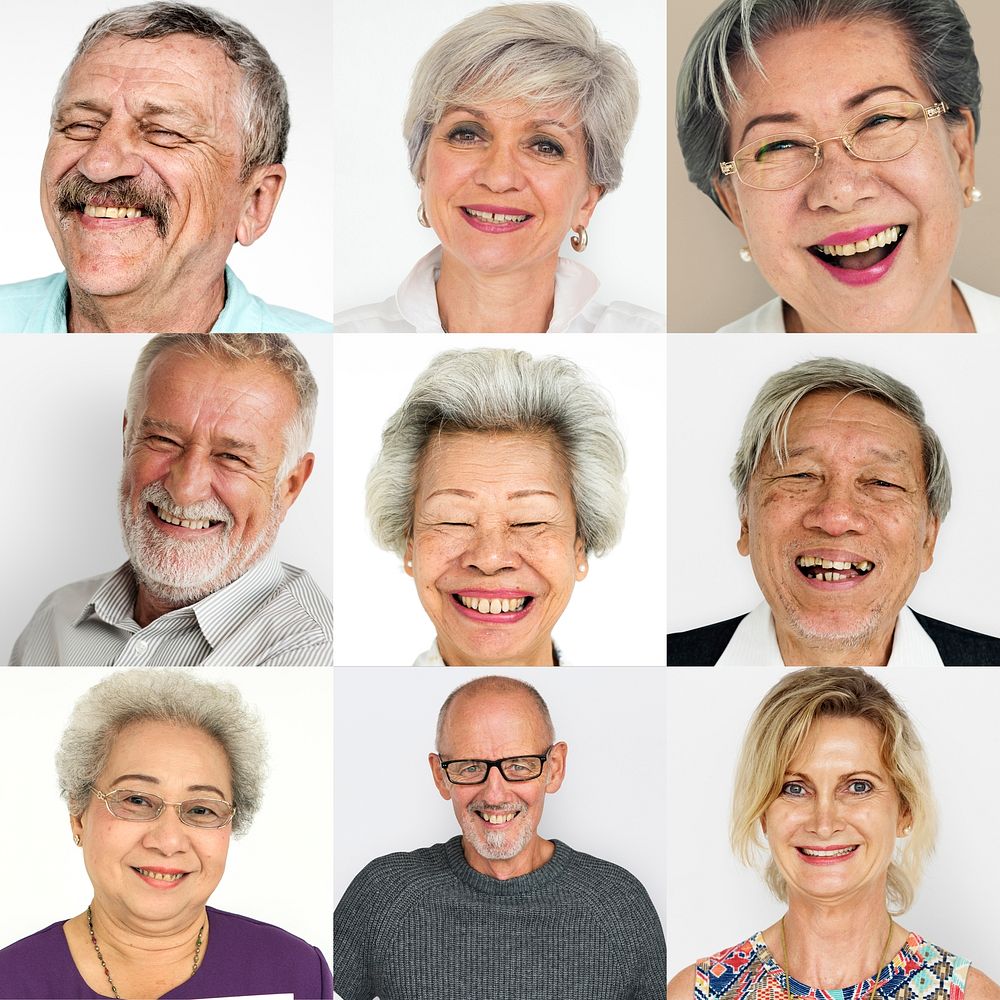 Set of Diversity Senior Adult People Face Expression Studio Collage