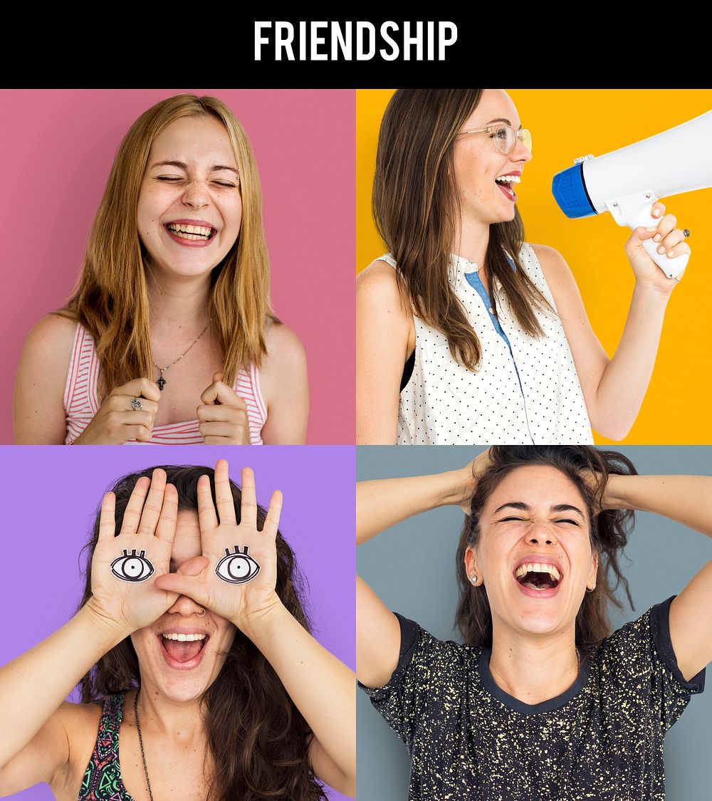 Women collage photo collection with cheerful and playful posing