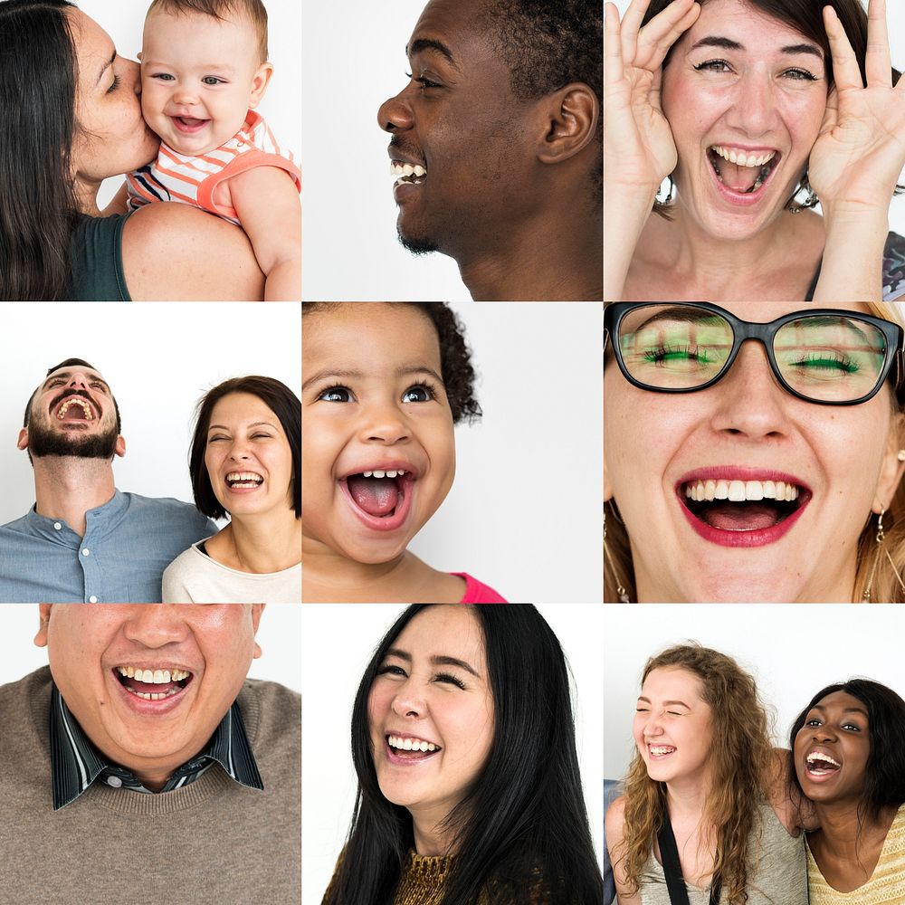 Collage of people face expression with smile happiness