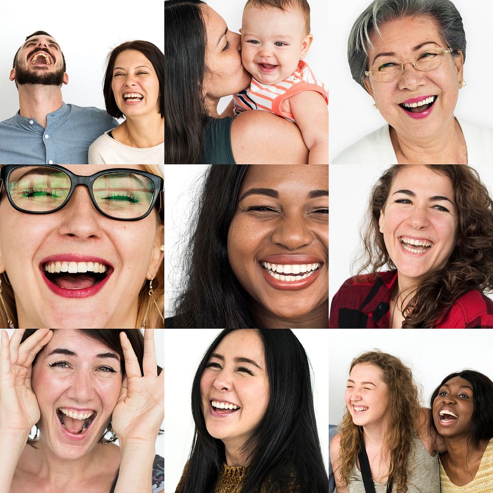 Collage of people with laughing face expression