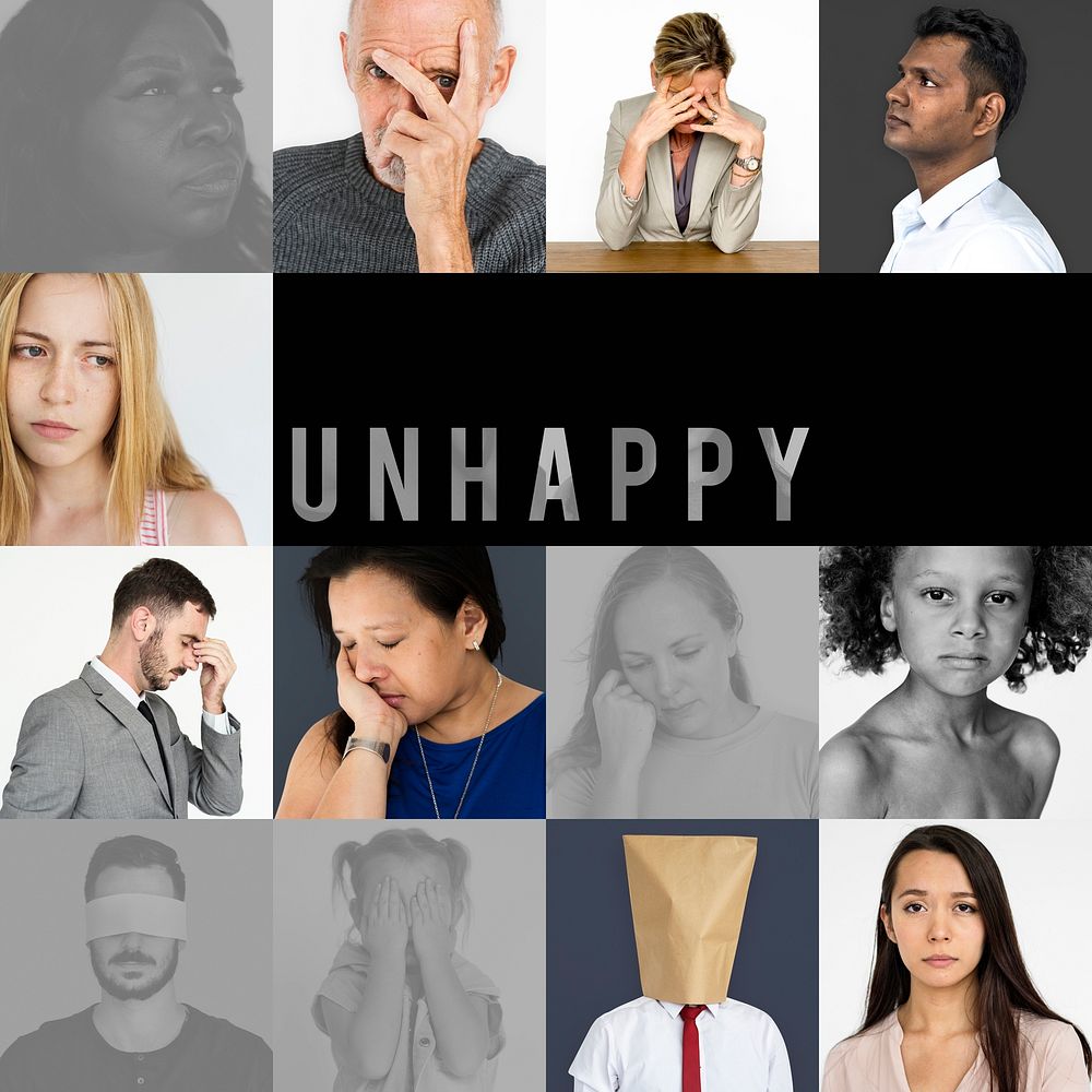 Collage of people face expression worried unhappy