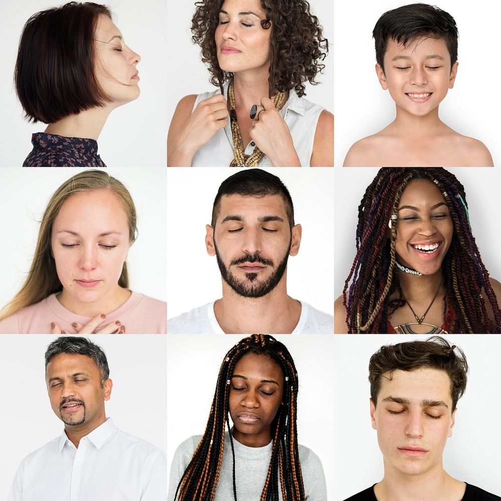 Diverse Set of People Eyes Closed Feeling Expression Studio Portrait Collage