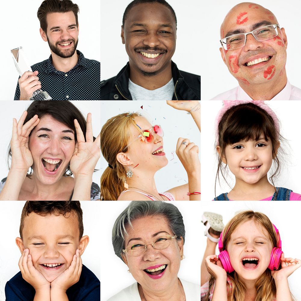 Set of Diversity People Happy Face Expression Emotion Studio Collage