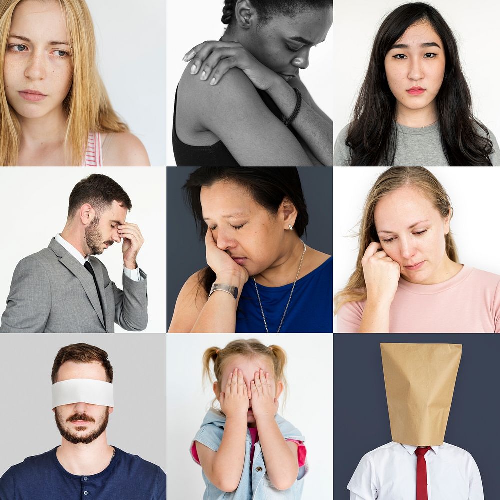 Set of Diversity People Sad Face Expression Emotion Studio Collage