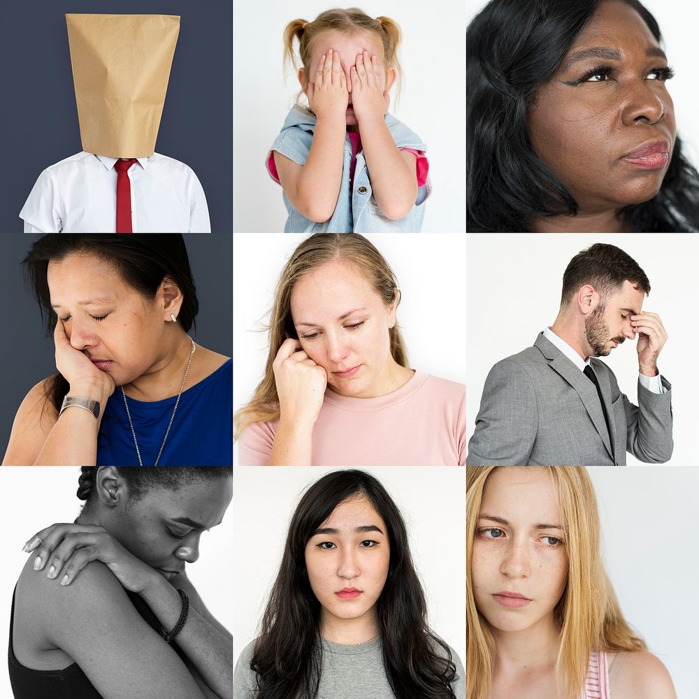 Set of Diversity People Sad Face Expression Emotion Studio Collage