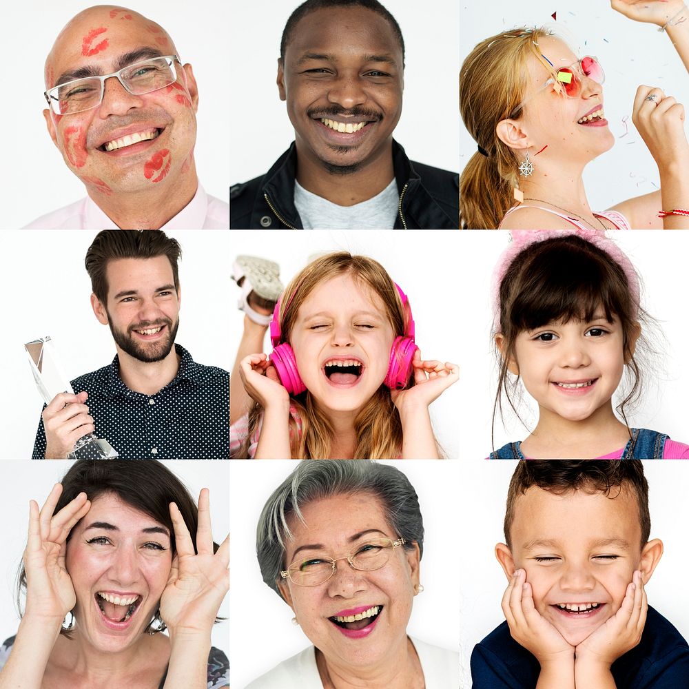 Collage of people smiling cheerful happiness face expression