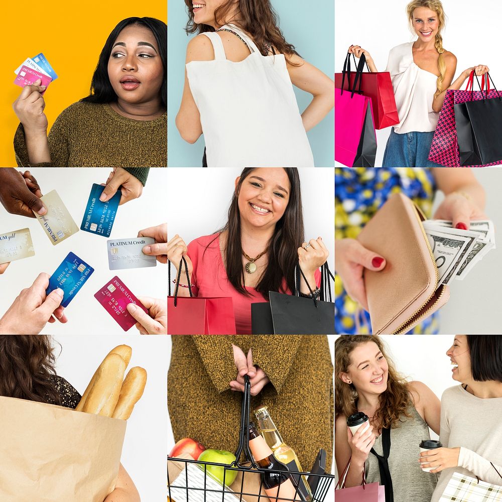 Set of Diverse Women Enjoying Sale Buy Shopping Studio Collage