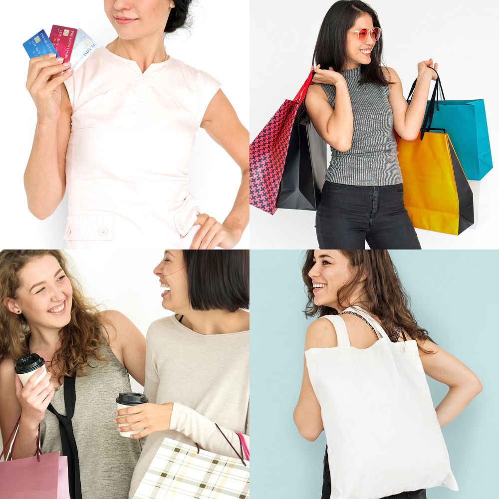 Set of Diverse Women Enjoying Sale Buy Shopping Studio Collage