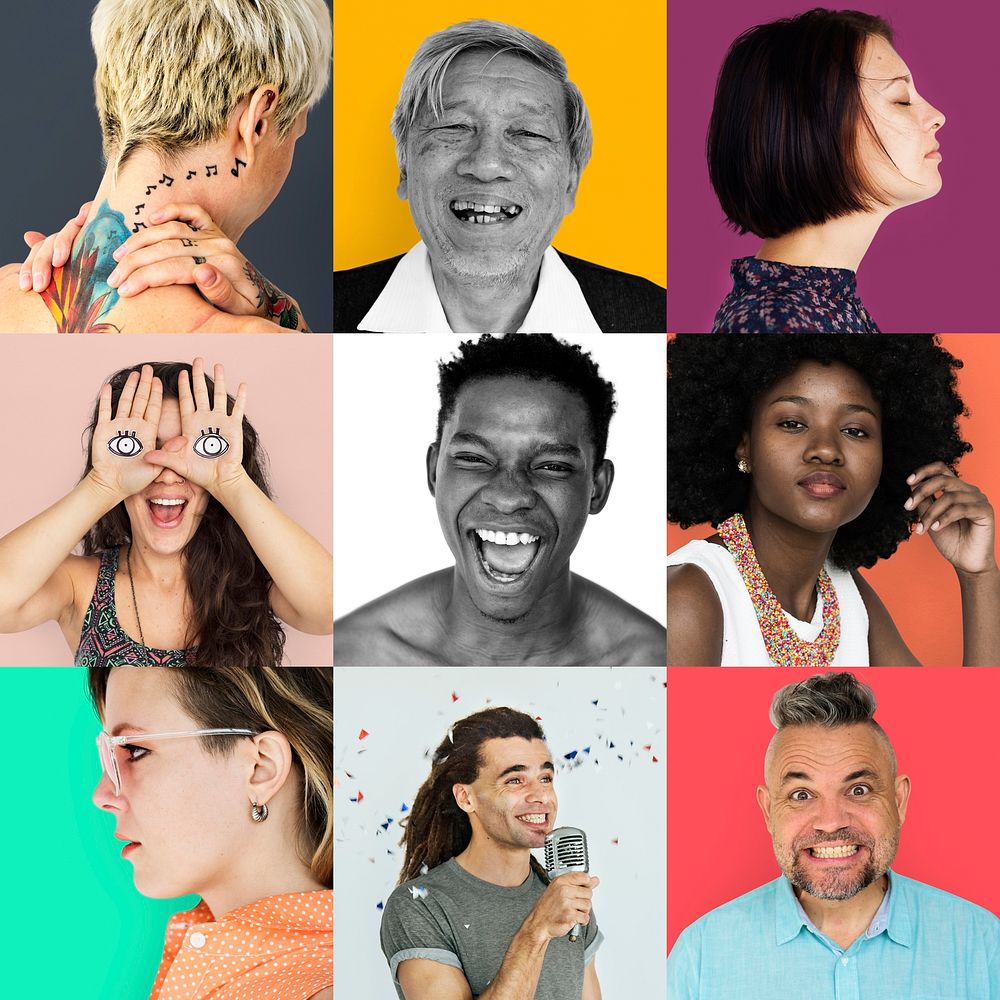 Set of Diversity People Face Expression Lifestyle Studio Collage