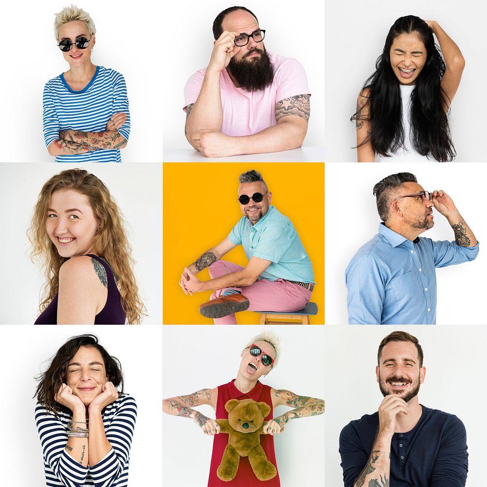 Collection of people with tattoo and smiling cheerful