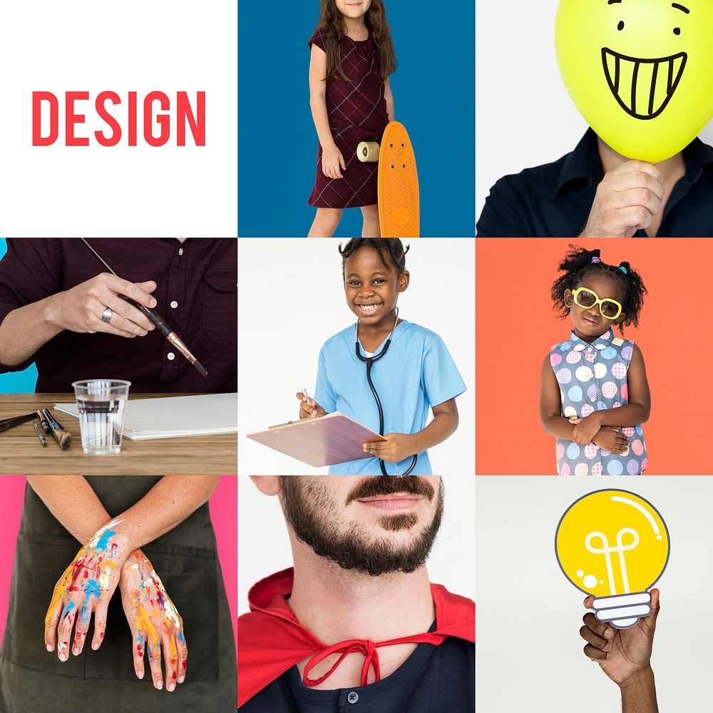Set of Diverse People with Design Ideas Word Studio Collage