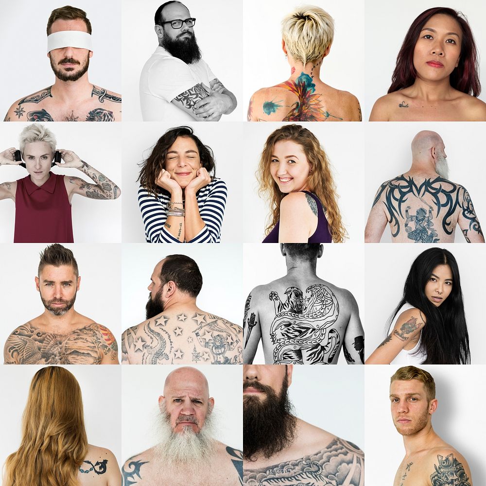 Diverse people with tattoo collection collage