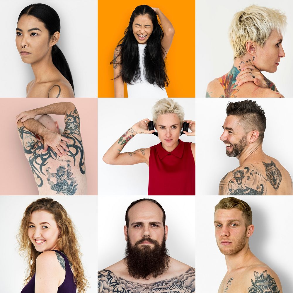Set of Diversity People Showing Tattoo Studio Collage