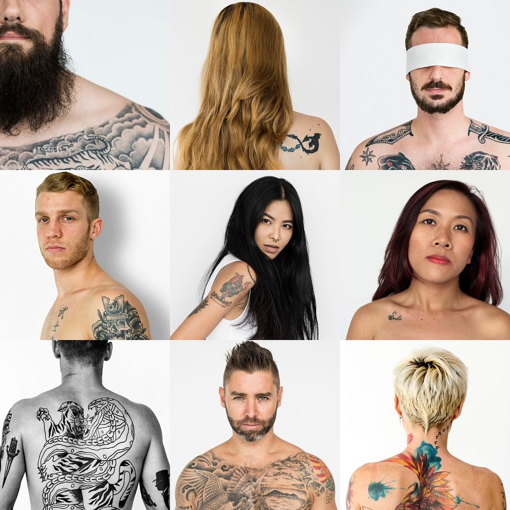 Diverse people with tattoo collection collage
